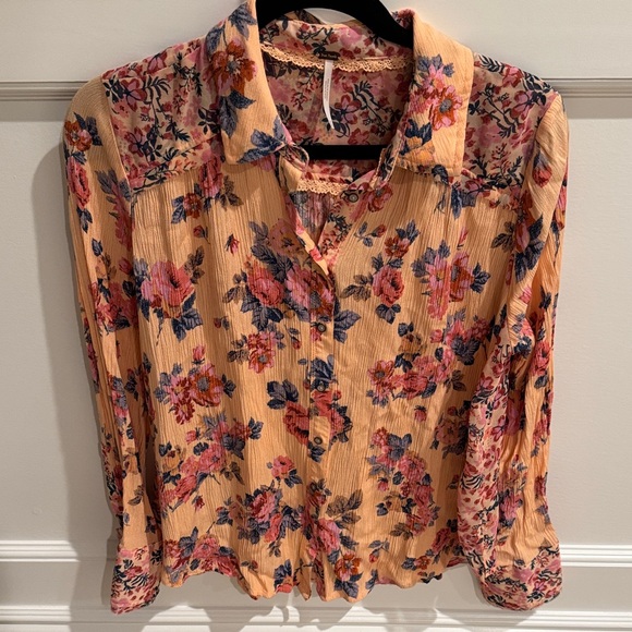 Free People Floral Blouse - Pink and Blue on Orange - Picture 1 of 4